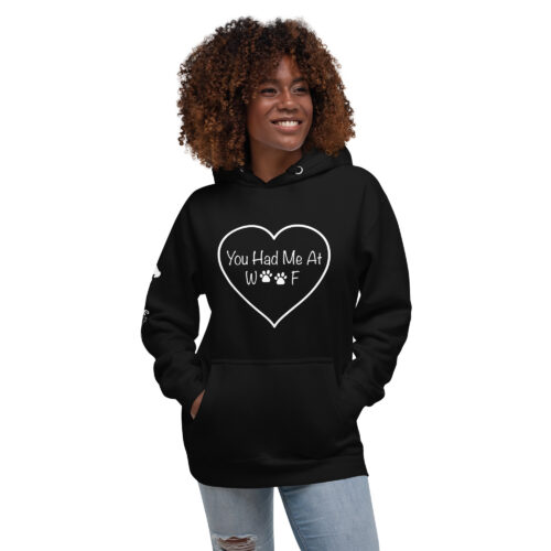 "You Had Me At Woof" Unisex Hoodie (White Print, Multiple Colors) - Image 4